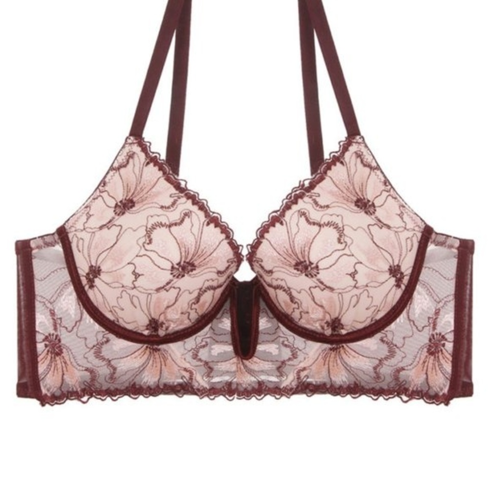 Youmita Red Floral Longline Plunge 34B Bra NWT